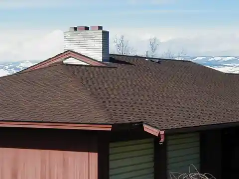 Brown shingle roof around a chimney