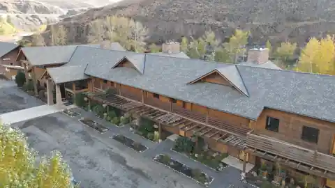 Second aerial view of the log lodge complex