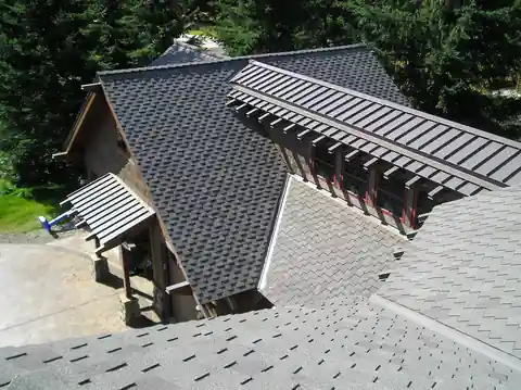 Aerial view of a shingle roof with metal awnings